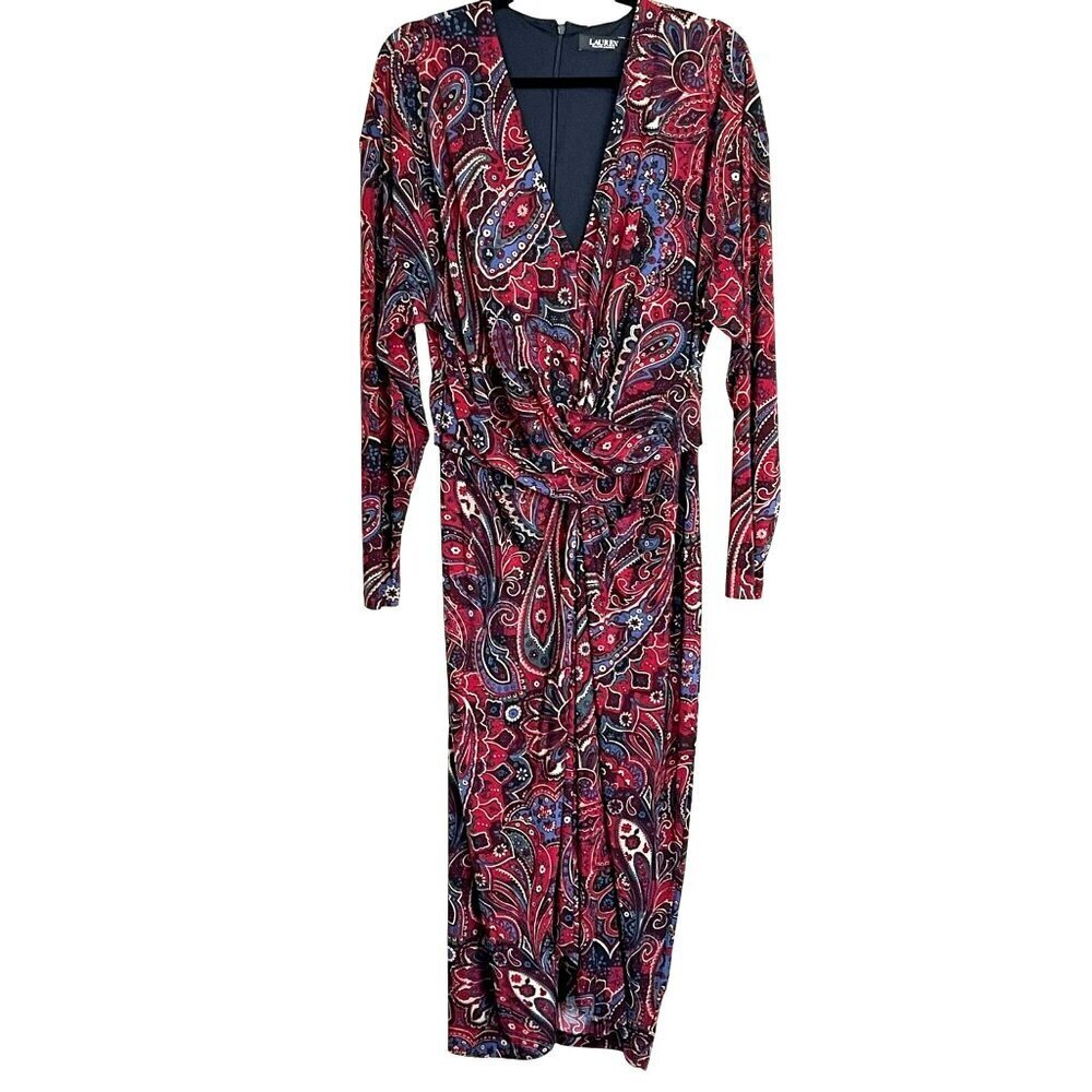 Ralph Lauren Womens Size 16 Paisley Print Long Sleeve Wrap Dress Red Blue